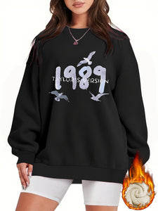 1989  Print Sweatshirt, Casual Crew Neck