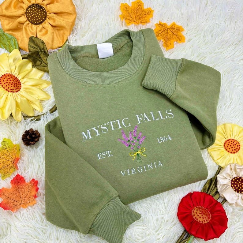 Mystic Falls Embroidered Sweatshirt – For Fans of Vampires and Cozy Fall Days