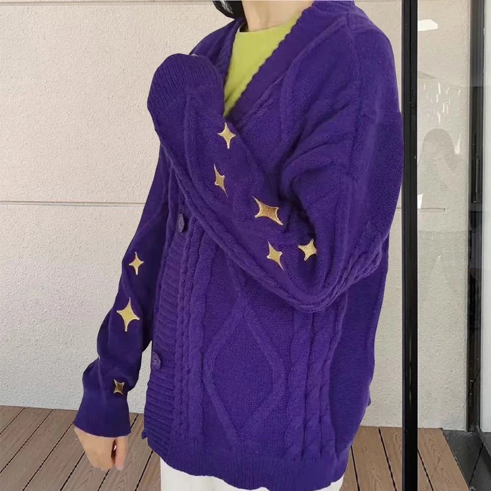 Women Winter Loose Knitted Cardigans Coat Star Embroidery