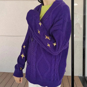 Women Winter Loose Knitted Cardigans Coat Star Embroidery