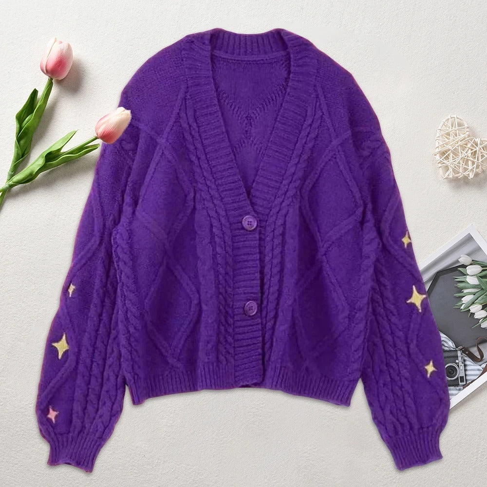 Women Winter Loose Knitted Cardigans Coat Star Embroidery