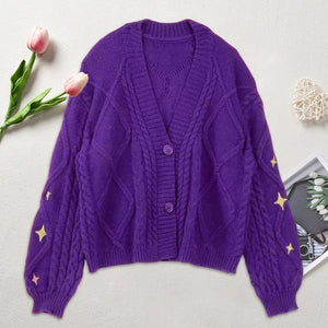 Women Winter Loose Knitted Cardigans Coat Star Embroidery