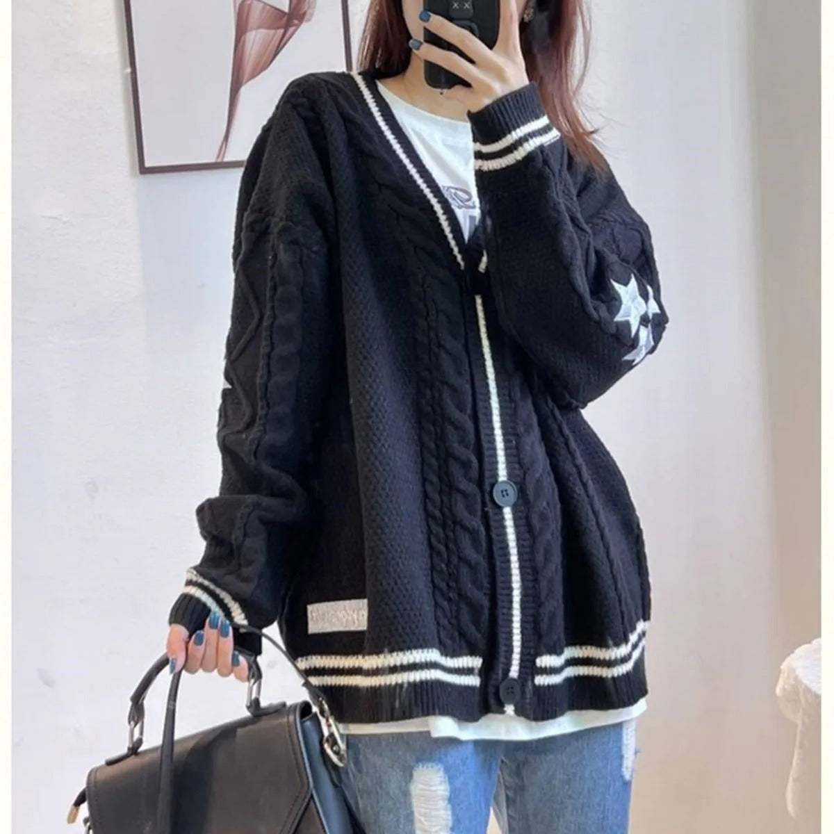 Women Winter Loose Knitted Cardigans Coat Star Embroidery