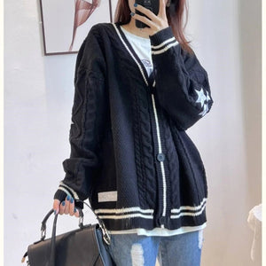 Women Winter Loose Knitted Cardigans Coat Star Embroidery