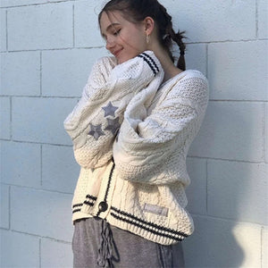 Women Winter Loose Knitted Cardigans Coat Star Embroidery